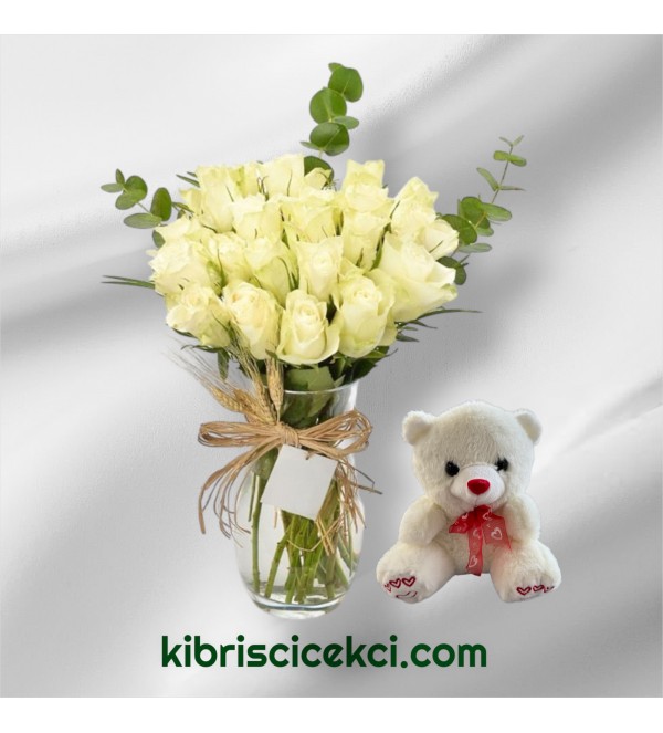 Vazoda 23 Beyaz Gül Ayıcık 